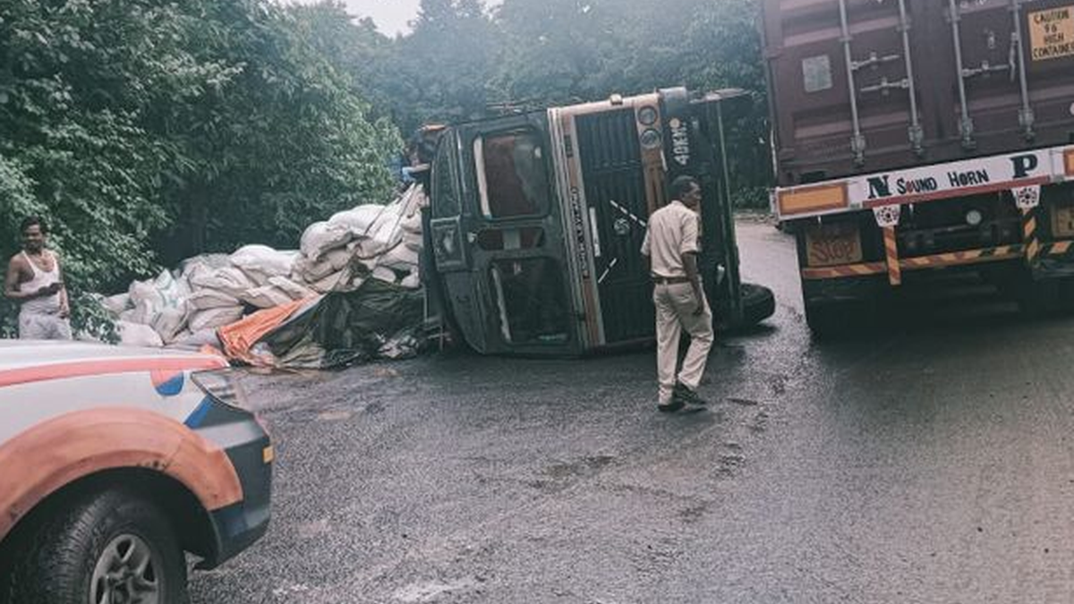 कोडरमा घाटी के जमसोती नाला के पास सड़क पर पलटा मुर्गी दाना लदा ट्रक