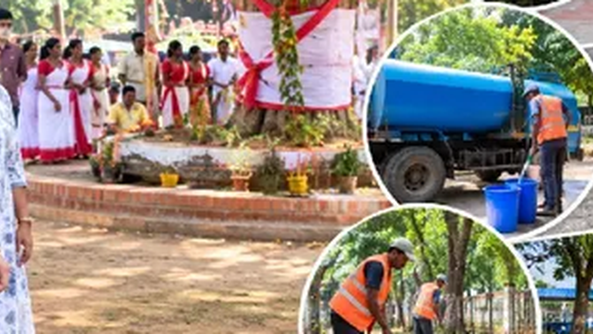 रांची में करम पर्व से पहले सरना स्थलों की व्यवस्था का निरीक्षण करते नगर निगम के अधिकारी