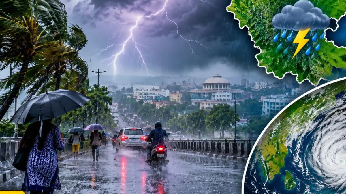 रांची में बादलों से घिरा आसमान और बारिश के बीच गुजरते वाहन