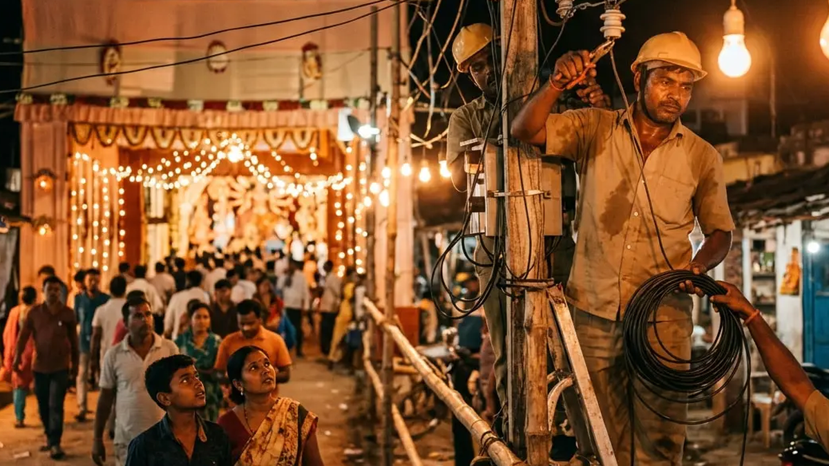दुर्गापूजा के लिए देवघर में बिजली आपूर्ति की तैयारी करते विद्युत विभाग के कर्मचारी