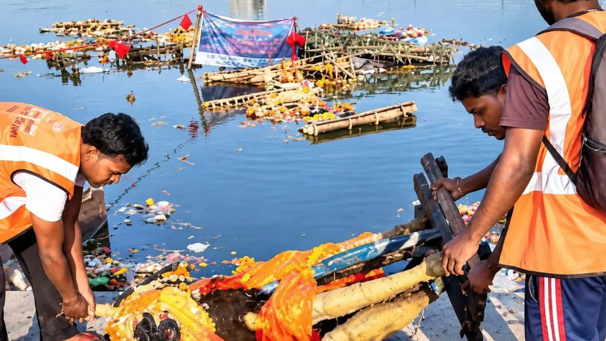 रांची में छठ महापर्व से पहले तालाब और घाट की सफाई करते नगर निगम के कर्मचारी