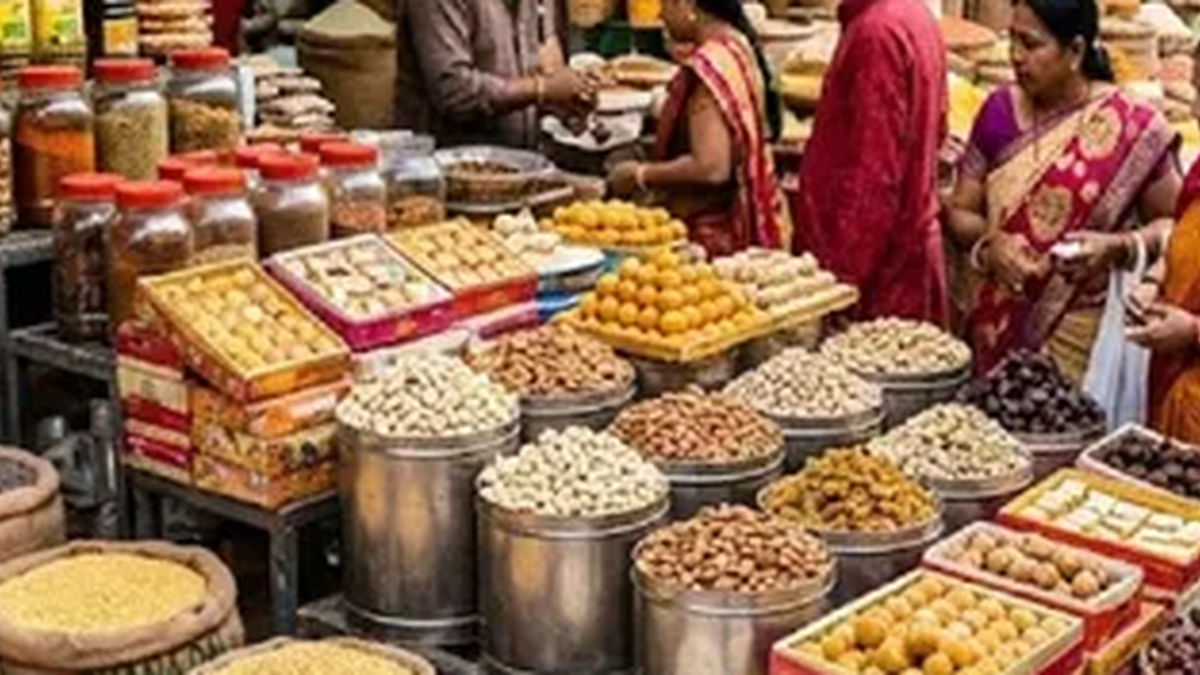 झुमरीतिलैया के बाजार में बिक्री के लिए रखी गईं खाद्य वस्तुएं