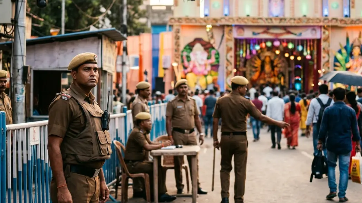 बोकारो में दुर्गापूजा पंडालों की सुरक्षा व्यवस्था की समीक्षा करते पुलिस अधिकारी