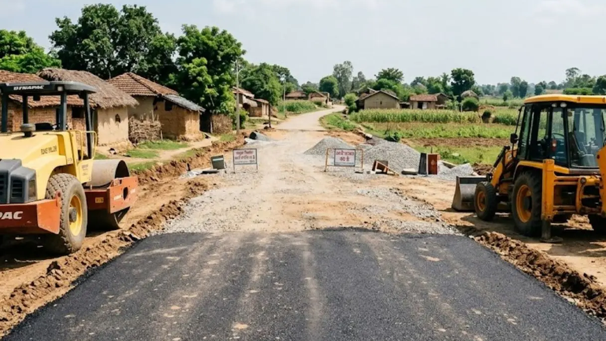 झारखंड में निर्माणाधीन ग्रामीण सड़क और काम में लगी भारी मशीनें