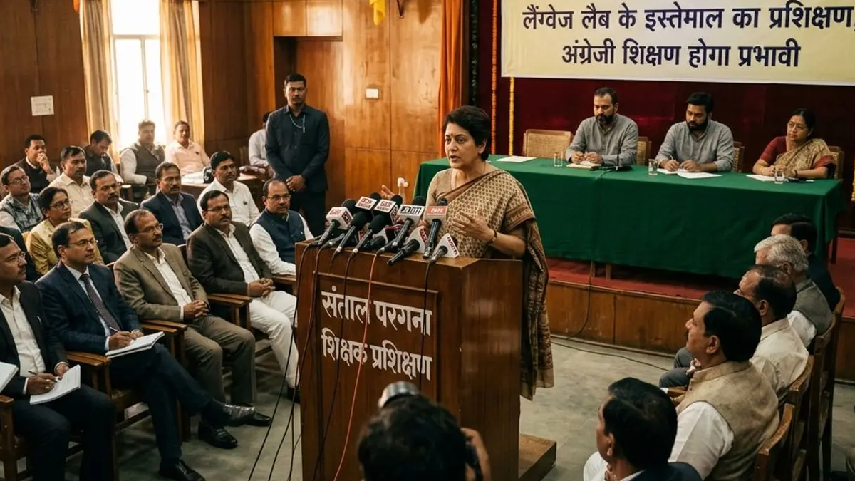 सरकारी विद्यालय की लैंग्वेज लैब में प्रशिक्षण लेते शिक्षक