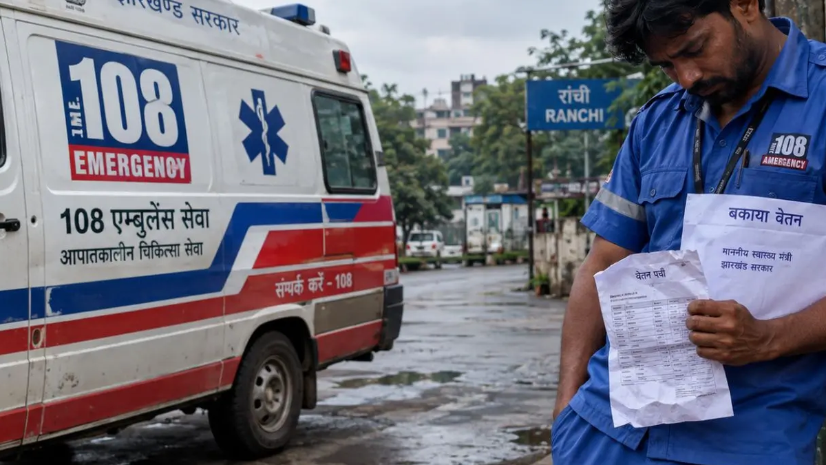 रांची में खड़ी 108 एंबुलेंस और उसके पास मौजूद कर्मचारी